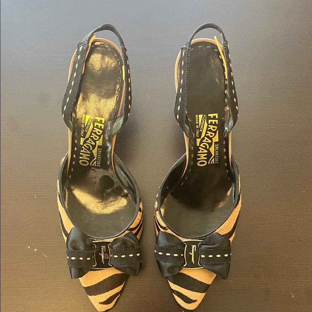 Salvatore Ferragamo Black and Tan Heels with Bow